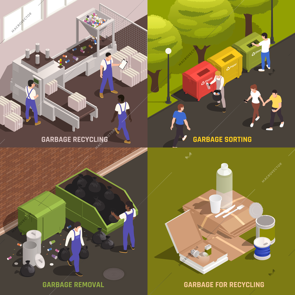 Garbage 2x2 design concept set of sorting removal and recycling square compositions isometric vector illustration