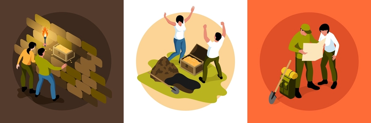 Isometric treasure hunt design concept with round compositions of hunters with map shovel and golden chest vector illustration