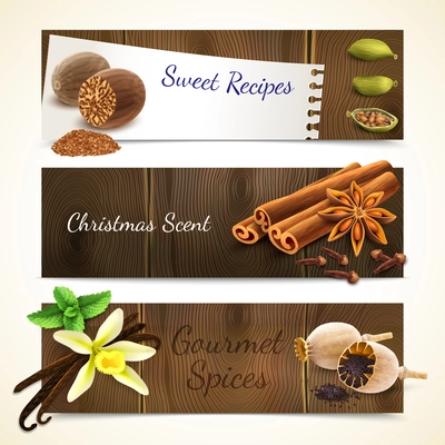 Gourmet spices sweet recipe christmas scent horizontal banners set isolated vector illustration