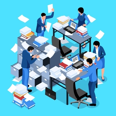 Isometric unorganized office work composition with flying paper sheets laptops and human characters of company employees vector illustration