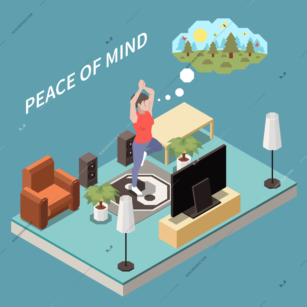 Personal growth self development isometric composition with living room man doing home exercise imagining wild place vector illustration