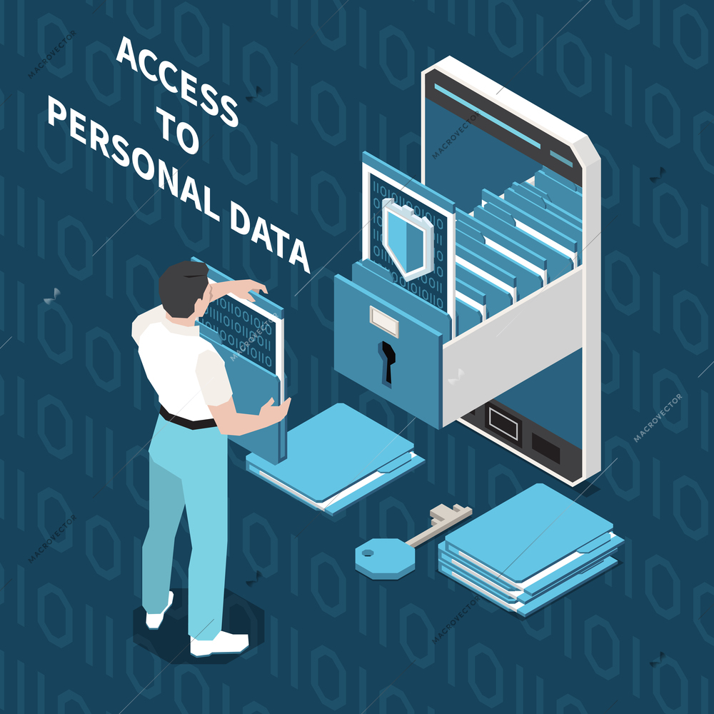 Digital privacy personal data protection isometric composition with human character and smartphone with lock and shield vector illustration