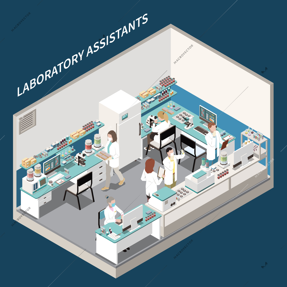 Laboratory diagnostics analysis service isometric composition with view of lab room with test equipment and workers vector illustration