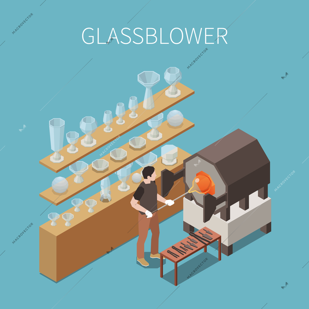 Glass production isometric composition with view of glassblower at oven with drinking glasses standing on shelves vector illustration