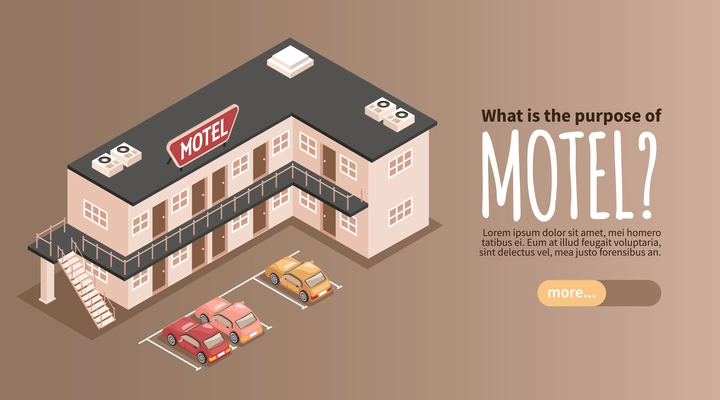Motel color horizontal banner with parking and cars isometric vector illustration