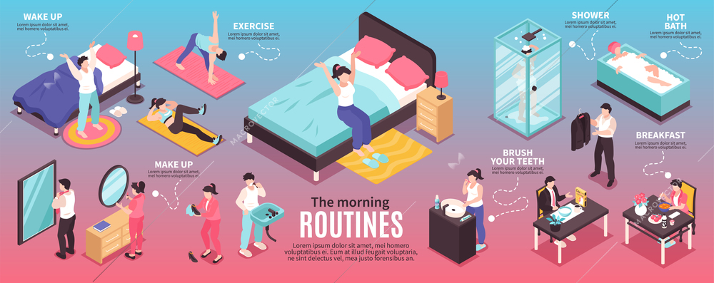 Morning routine isometric infographic with exercise and shower symbols vector illustration