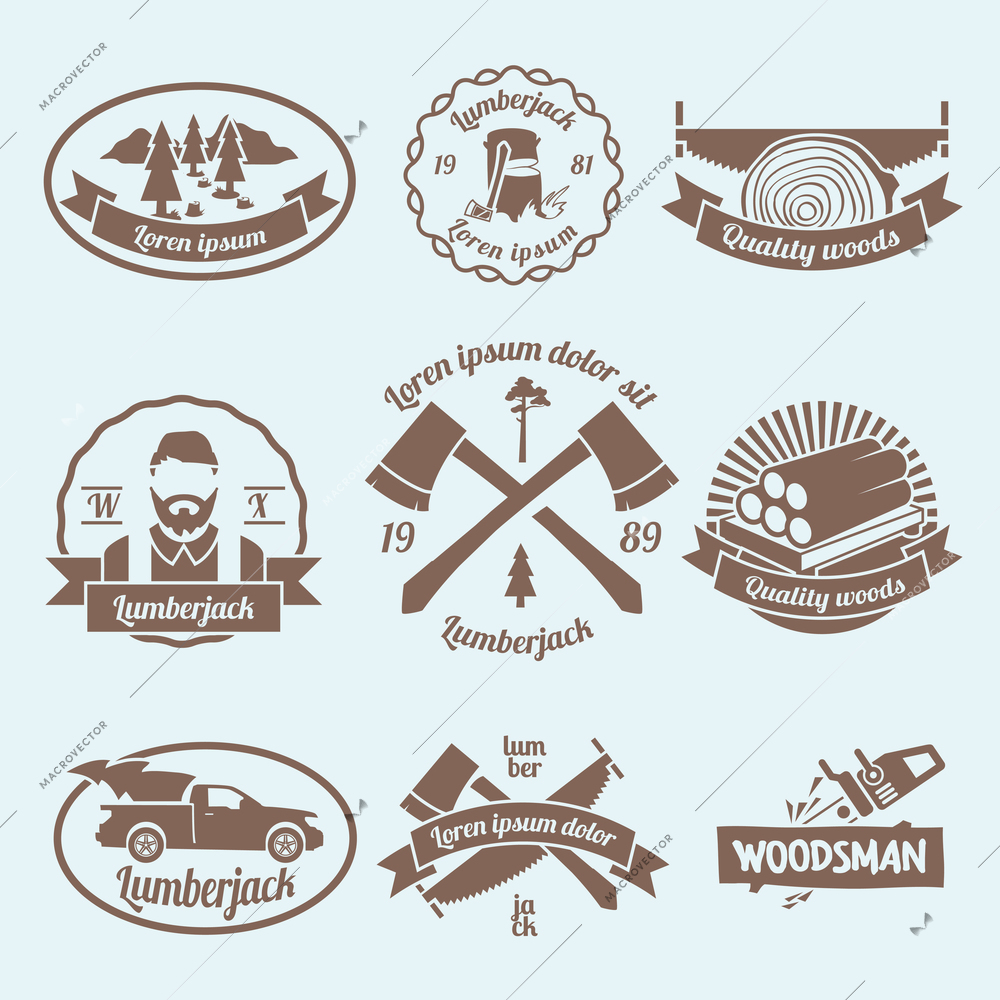 Lumberjack woodcutter labels set with carpentry tools and materials isolated vector illustration