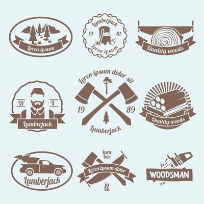 Lumberjack woodcutter labels set with carpentry tools and materials isolated vector illustration