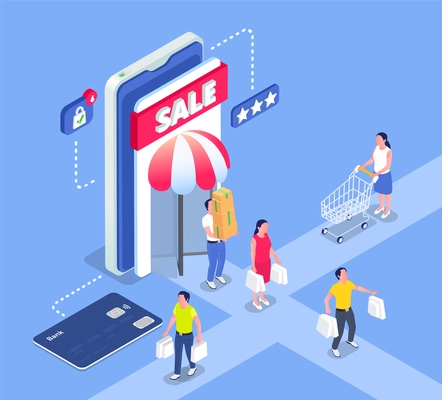 Online sale outlet isometric composition with smartphone storefront and characters of shopping people with bought items vector illustration