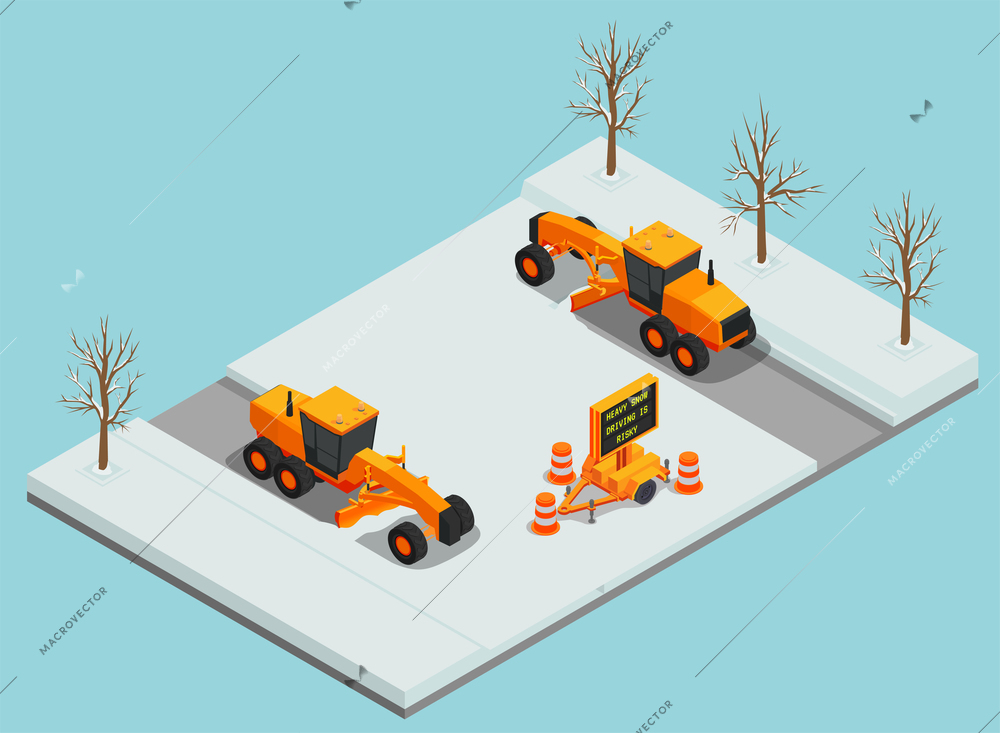 Snow cleaning removal machinery isometric composition with view of clearing vehicles on road with traffic cones vector illustration