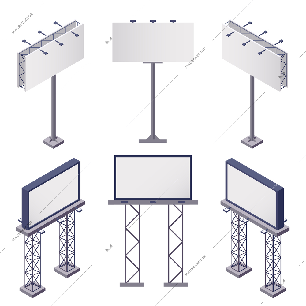 Advertising constructions isometric icons set with rectangular blank billboards on white background 3d isolated vector illustration