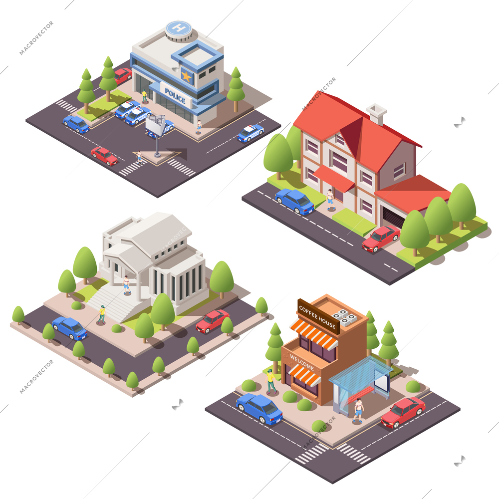 Set of isometric compositions with 3d modern city residential and public buildings isolated on white background vector illustration