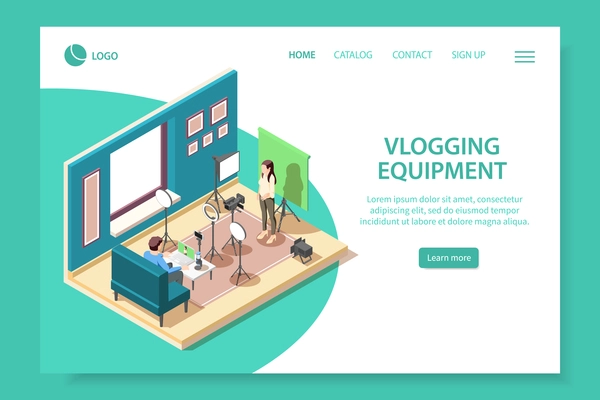 Vlogging equipment isometric web site landing page with 3d composition of people streaming video vector illustration