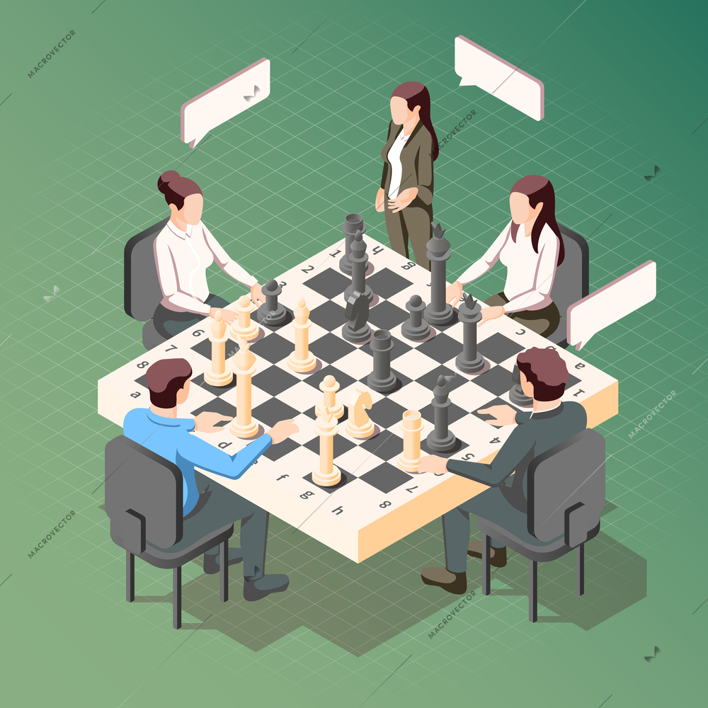 Business strategy isometric concept with businessmen and women playing chess on green background 3d vector illustration