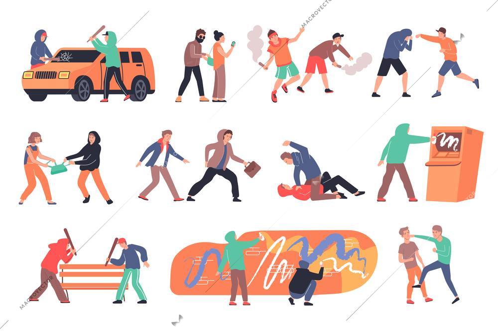 Hooliganism flat compositions set with muggers vandals hooligans attacking people damaging property isolated vector illustration