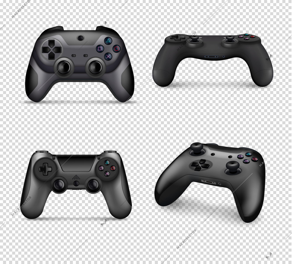 Gamepad realistic monochrome set of different models of joypad controllers on transparent background isolated vector illustration