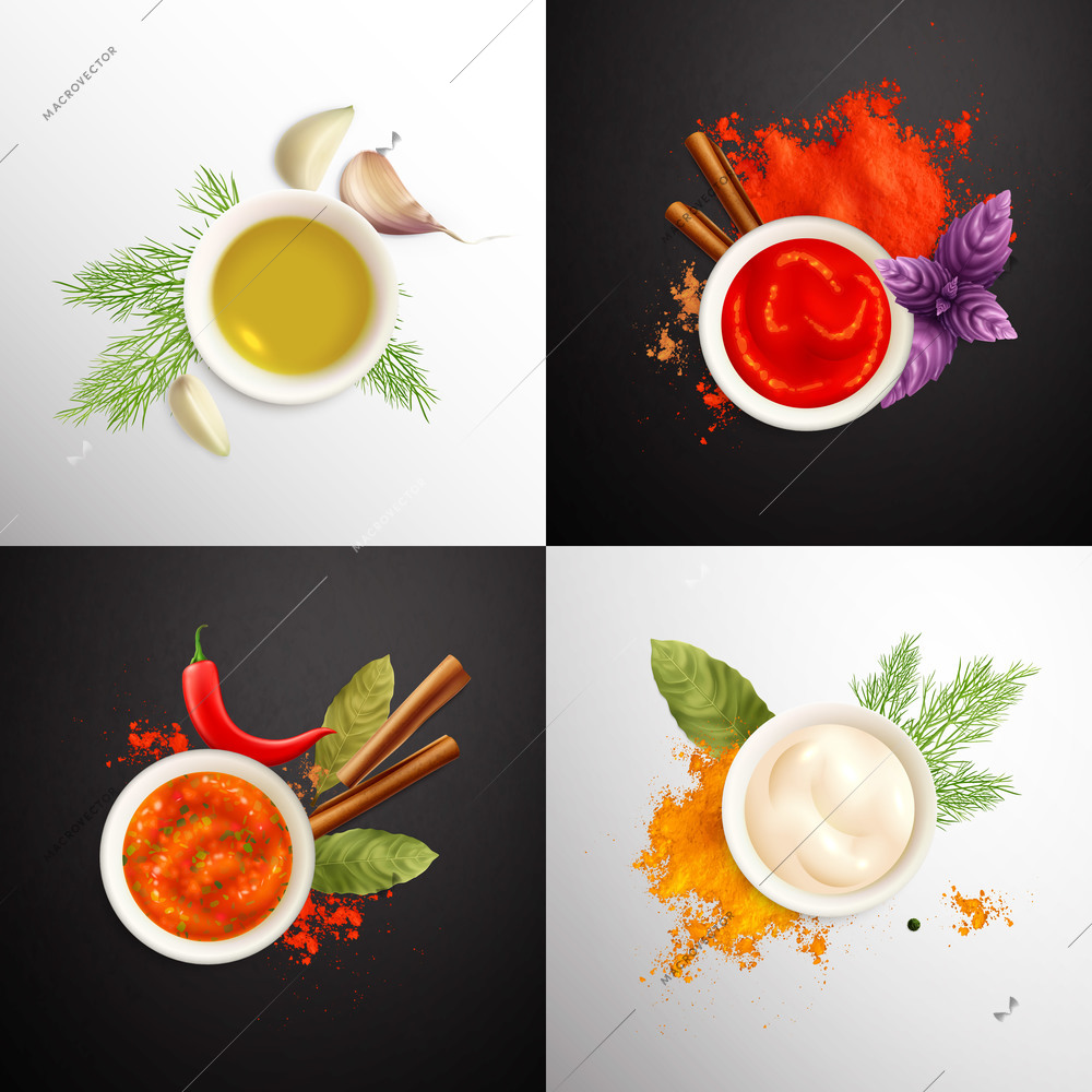 Spices 2x2 design concept made up of cups with mustard ketchup mayonnaise decorated by herbs realistic vector illustration