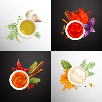 Spices 2x2 design concept made up of cups with mustard ketchup mayonnaise decorated by herbs realistic vector illustration