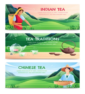 Natural tea production horizontal banners with chinese and indian varieties and tea traditions color backgrounds flat vector illustration