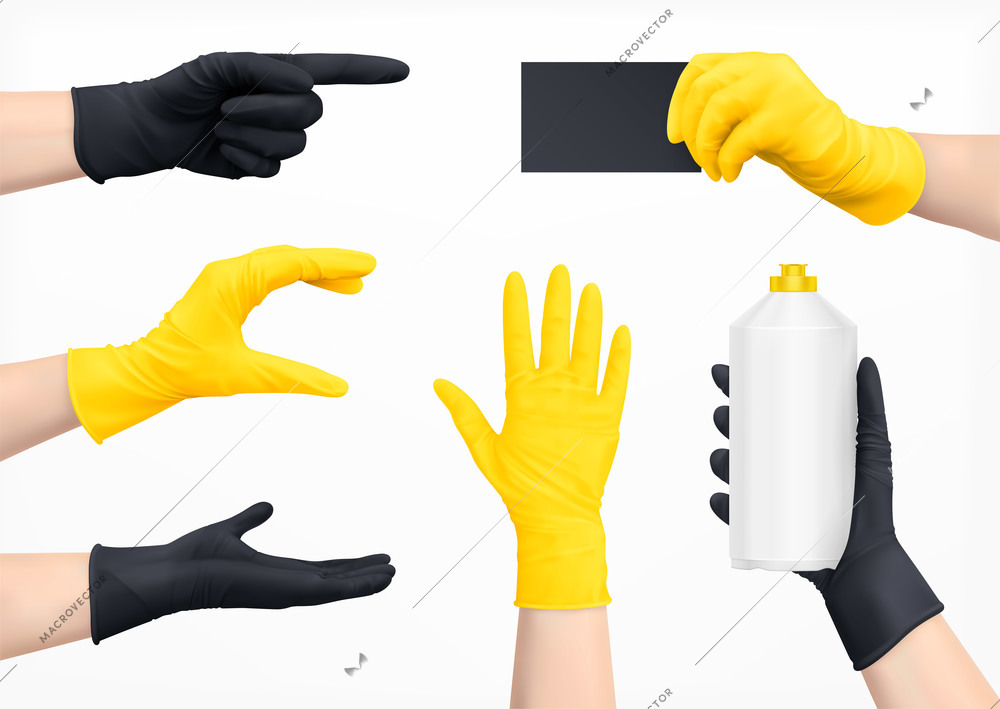 Human hands in protective gloves of black and yellow colors realistic set isolated vector illustration