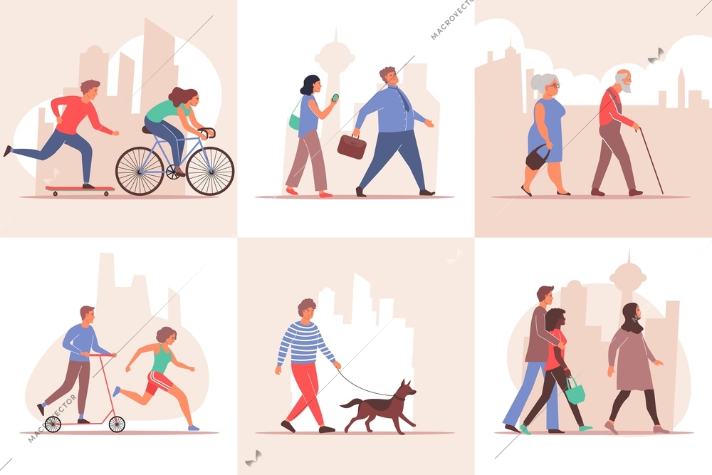 City set of flat compositions with cityscape silhouette backgrounds and walking people characters of different age vector illustration