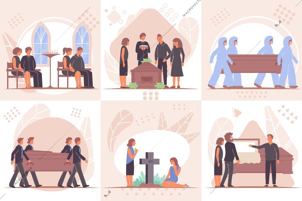 Funeral set of six square compositions with views of burial rituals and covid-19 eternity box vector illustration