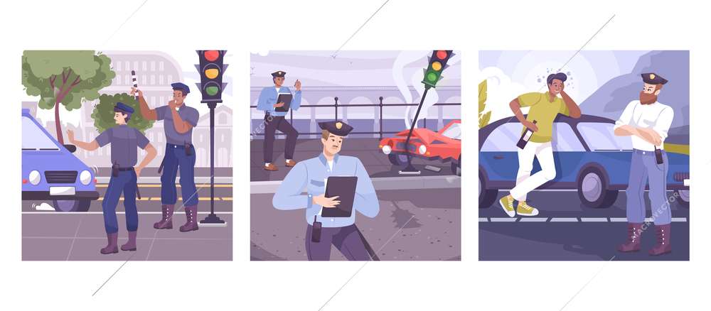 Traffic police square set with transport control symbols flat isolated vector illustration