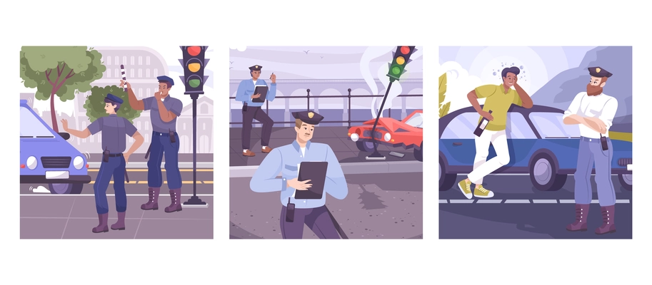 Traffic police square set with transport control symbols flat isolated vector illustration