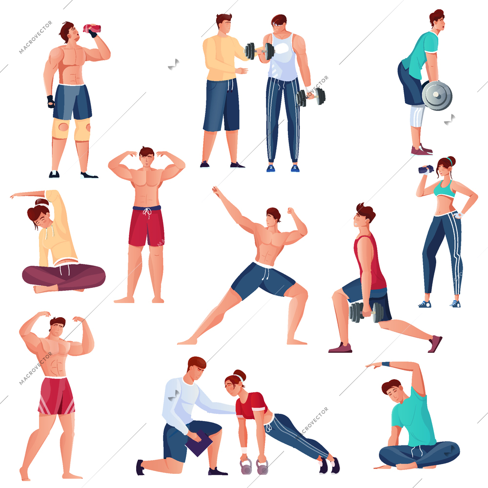 Bodybuilding flat icons set with male and female muscular athletes isolated vector illustration