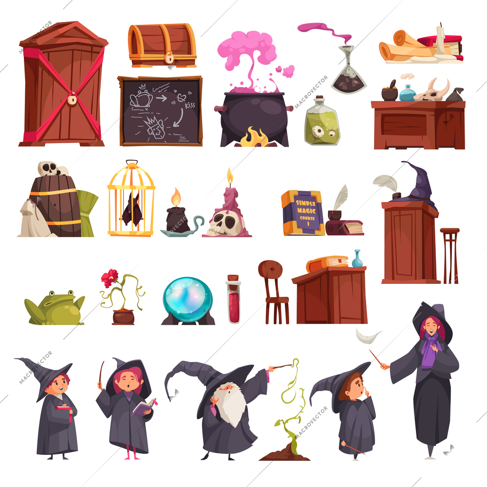 Cartoon icons set with magic school interior elements objects for lessons young and old magicians isolated vector illustration