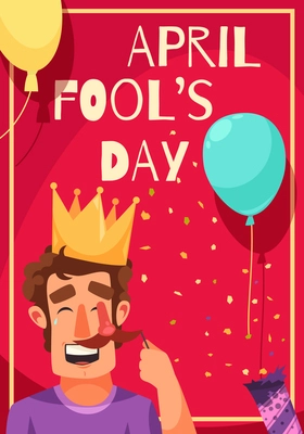 All fools day vertical composition with frame text balloons with confetti and laughing man in crown vector illustration
