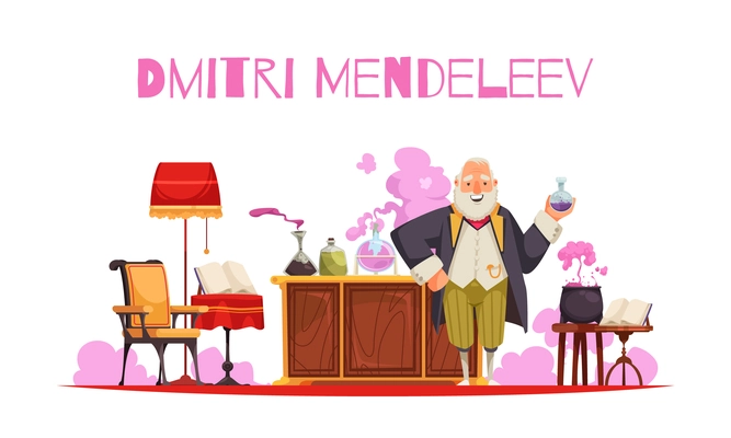 Mendeleev composition with editable text and view of vintage room furniture with test tubes and jars vector illustration