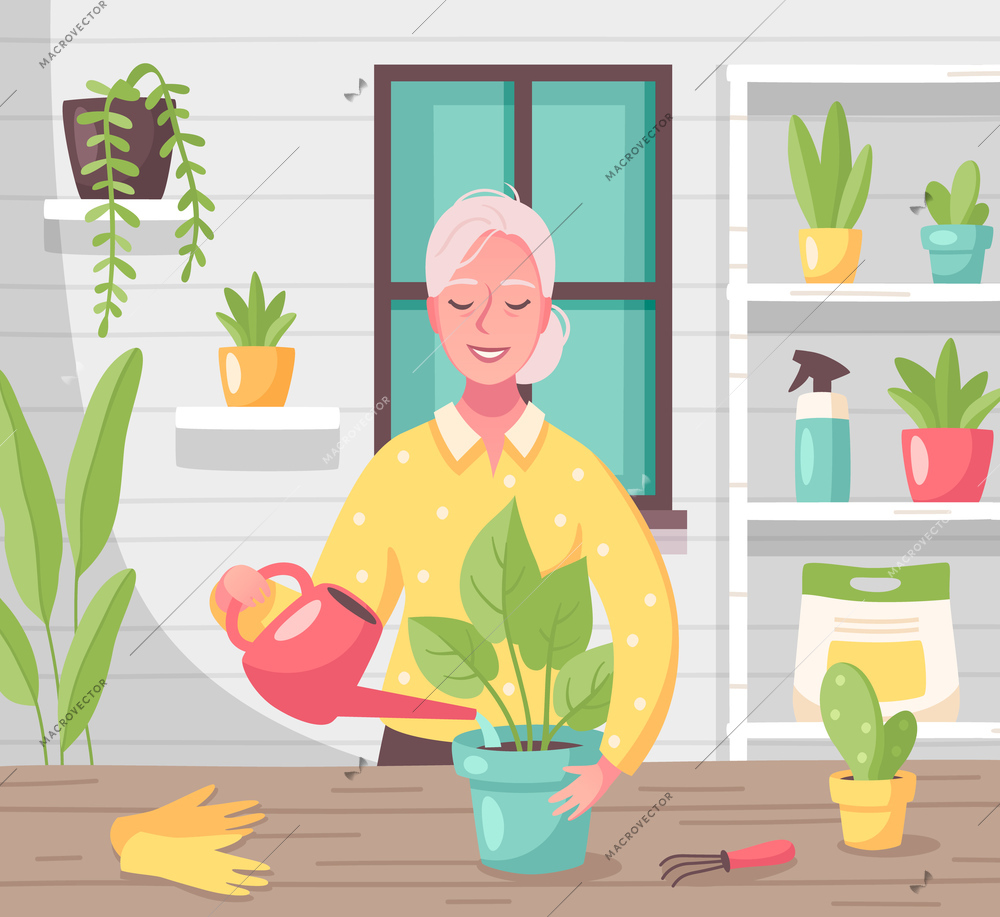 Hobby free time leisure activities flat cartoon composition with woman taking care of indoor plants vector illustration