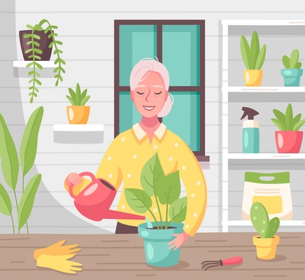 Hobby free time leisure activities flat cartoon composition with woman taking care of indoor plants vector illustration