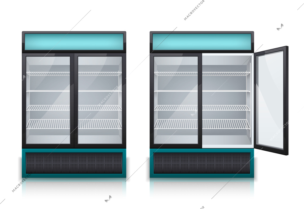 Two empty commercial drink fridges with two display doors and colorful panels realistic set isolated vector illustration