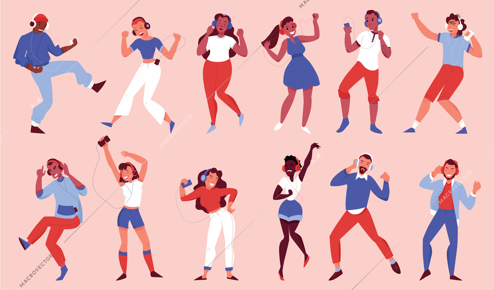 Happy dancing teens with earphone listening to music isolated icons on rose background flat vector illustration