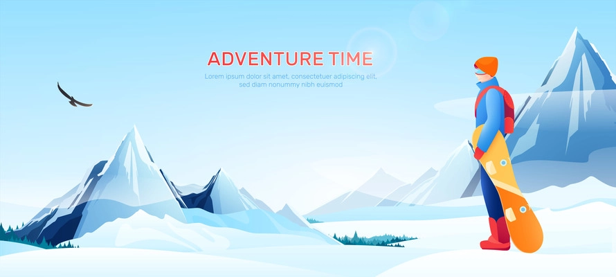 Winter ski resort poster with adventure time symbols flat vector illustration
