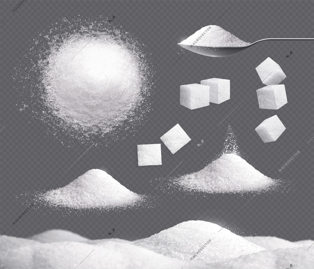 White sugar set with piles and cubes realistic transparent isolated vector illustration