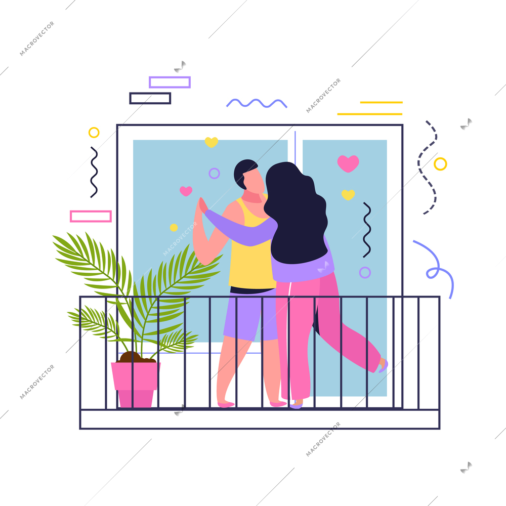 Hug day flat composition with view of open balcony with dancing lover characters and abstract shapes vector illustration