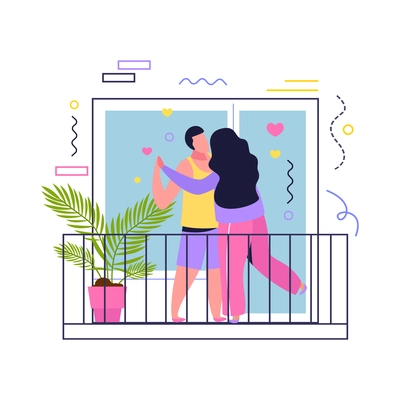 Hug day flat composition with view of open balcony with dancing lover characters and abstract shapes vector illustration