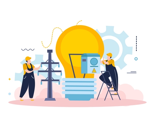 Electricity and lighting flat background composition with characters of electricians with power line gear and lamp vector illustration