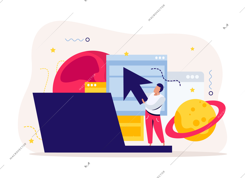 Startup flat composition with human character holding big cursor pointer and computer windows laptop and planets vector illustration