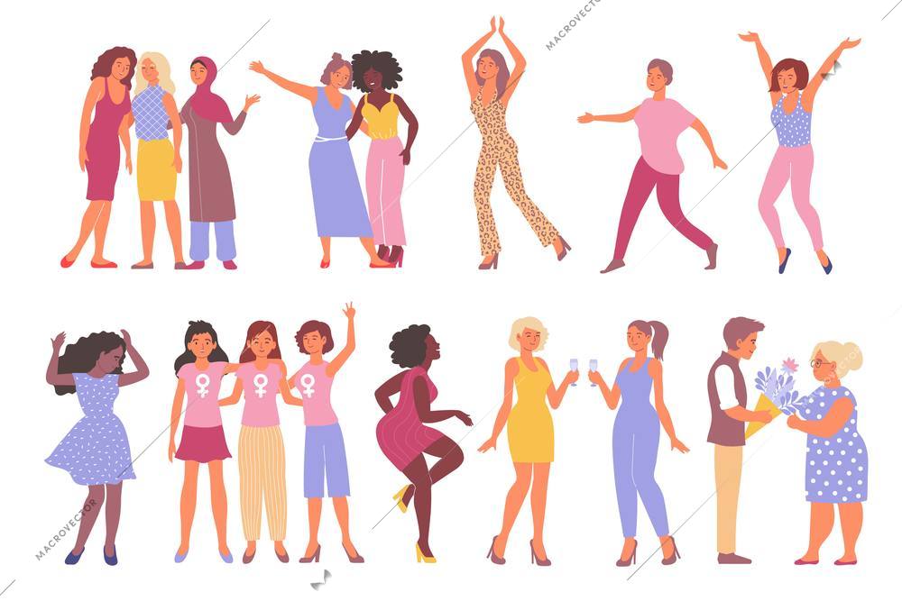 International womens day flat icons set with happy female characters of different nationalities and age isolated vector illustration