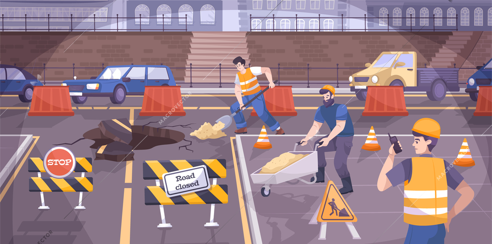 Road construction signs flat composition with workers are repairing the road and there are signs on the road vector illustration