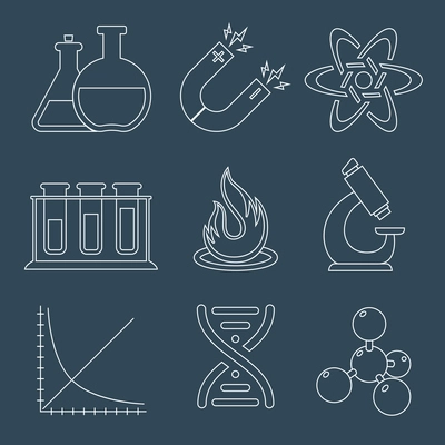 Physics education science laboratory equipment  scientific outline icons set isolated vector illustration