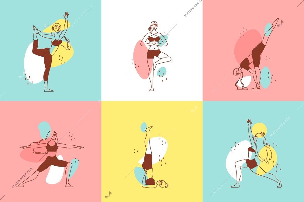 Line art woman yoga design concept with drawn female characters in various poses on colorful backgrounds vector illustration