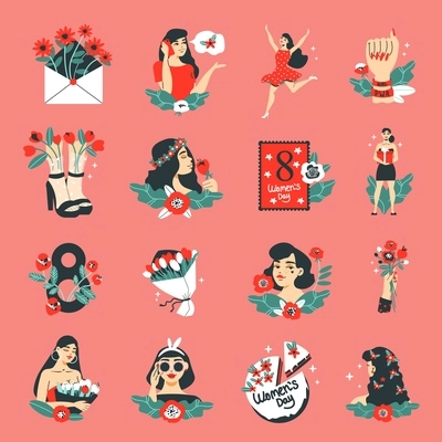 International womens day color set of isolated icons female characters images of flowers cards and gifts vector illustration