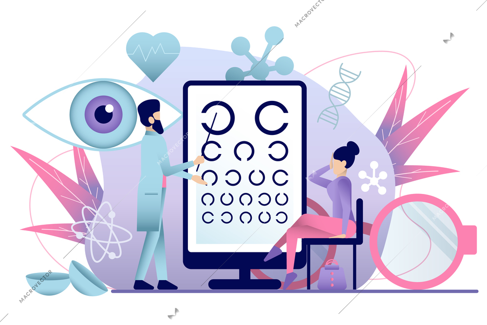 Ophthalmology flat composition with healthcare icons and view of eye sight tests with doctor and patient vector illustration