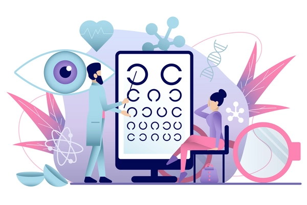 Ophthalmology flat composition with healthcare icons and view of eye sight tests with doctor and patient vector illustration