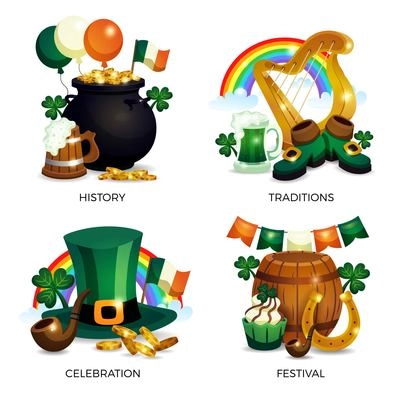 Set of four saint patricks day compositions with text captions and icons with irish holiday symbols vector illustration